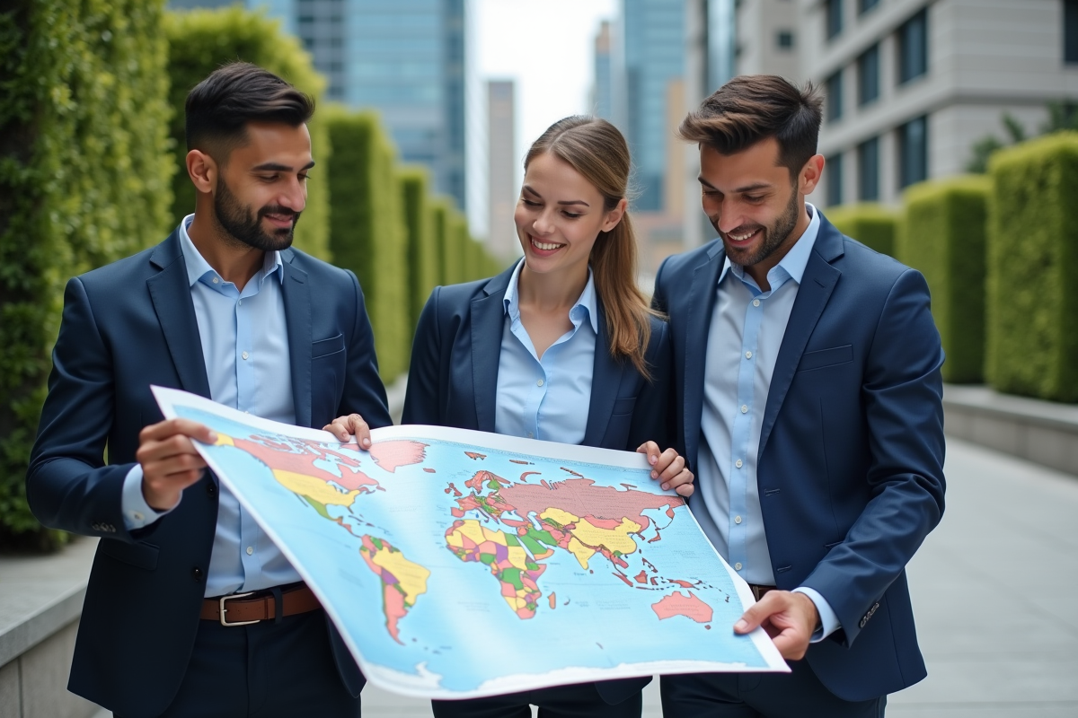 Jeunes professionnels analysant une carte du commerce mondial
