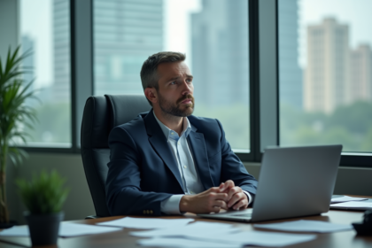 Homme d'affaires en costume navy regardant par la fenêtre