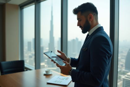 Homme d'affaires confiant à Dubaï avec vue sur Burj Khalifa