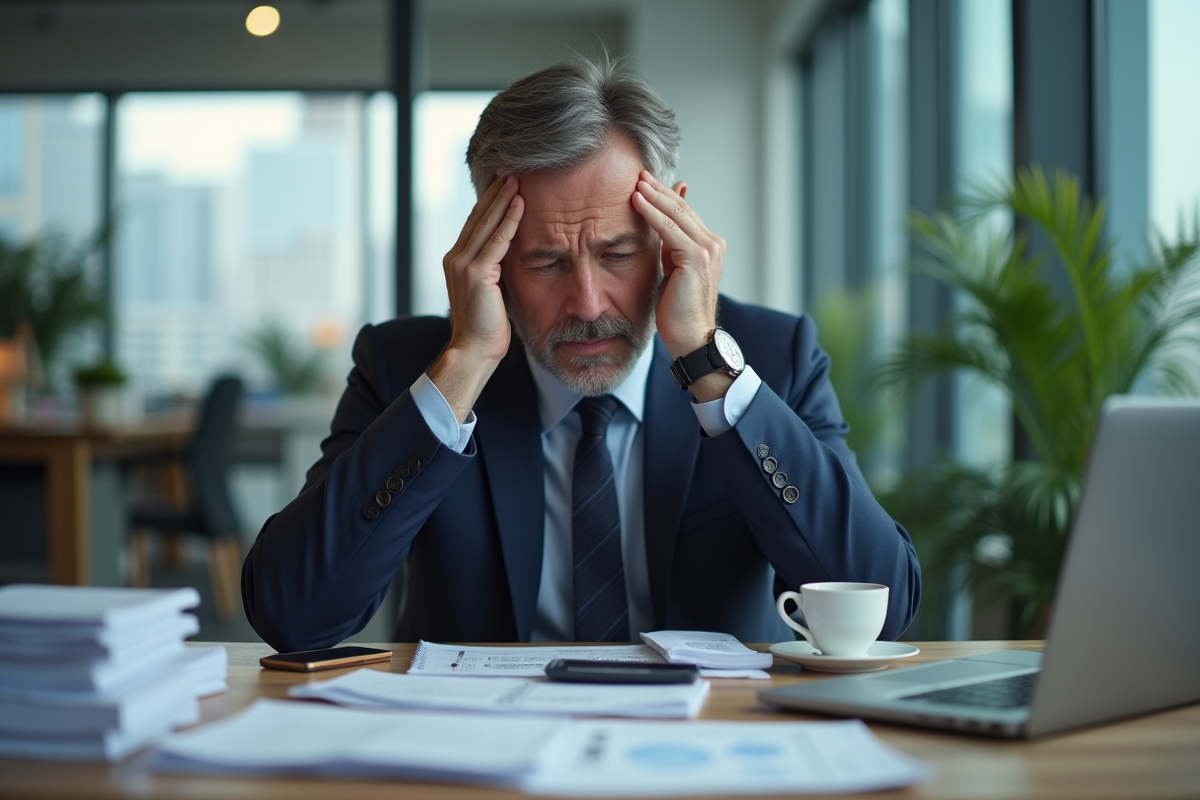 Homme d'affaires stressé dans un bureau encombré