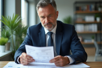 Homme d affaires français examine une fiche de paie au bureau