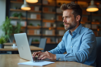 Homme concentré travaillant sur un ordinateur dans un bureau moderne