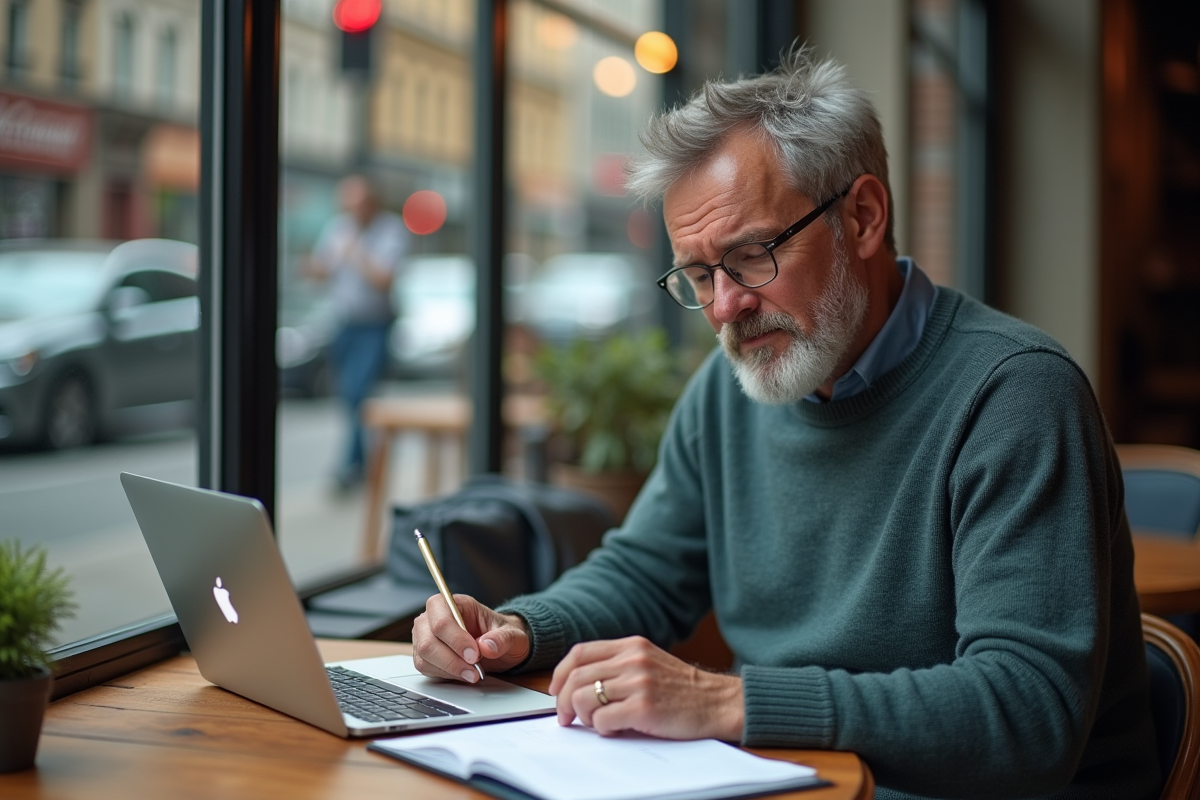 Homme détendu au café examinant des documents et ordinateur