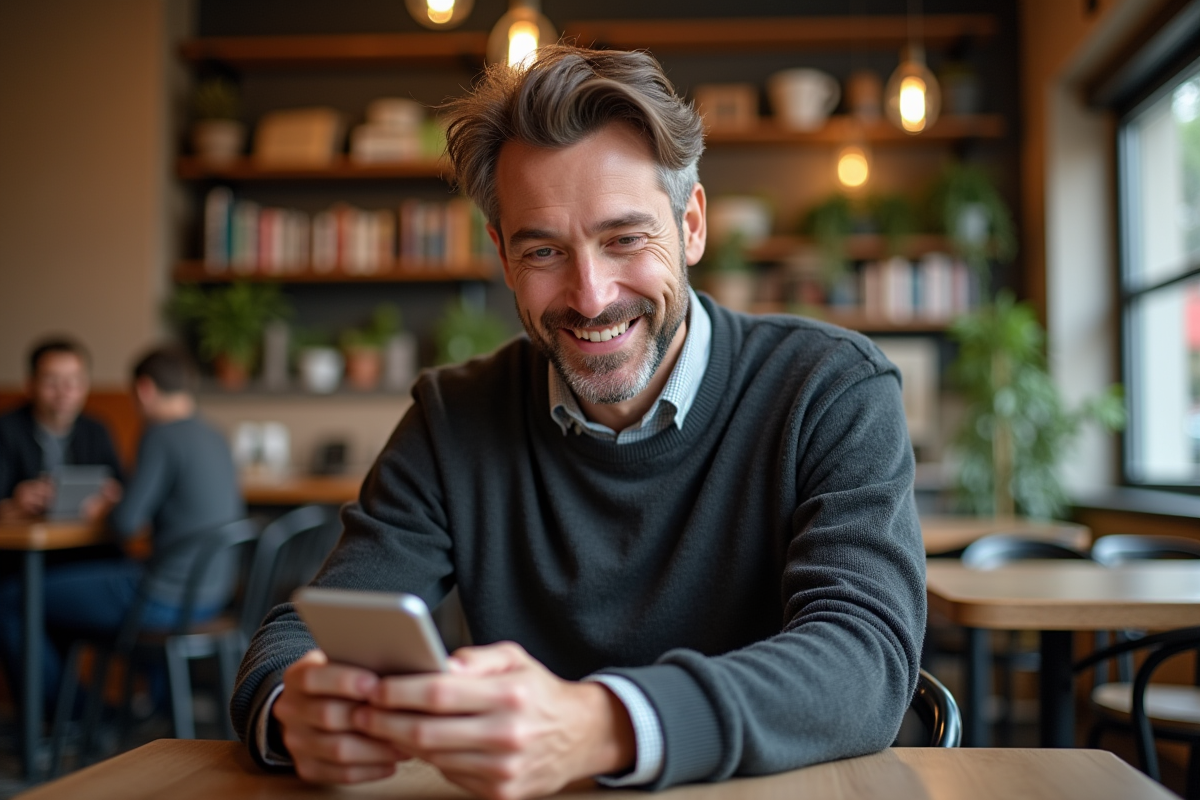 Homme détendu vérifiant des avis en ligne au café