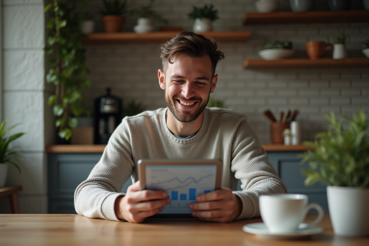 Homme détendu utilisant une tablette dans sa cuisine à la maison