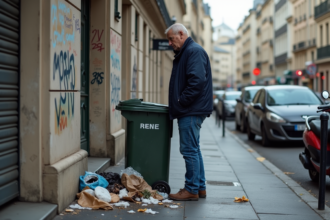 Homme d'âge moyen regardant une poubelle débordante à Paris