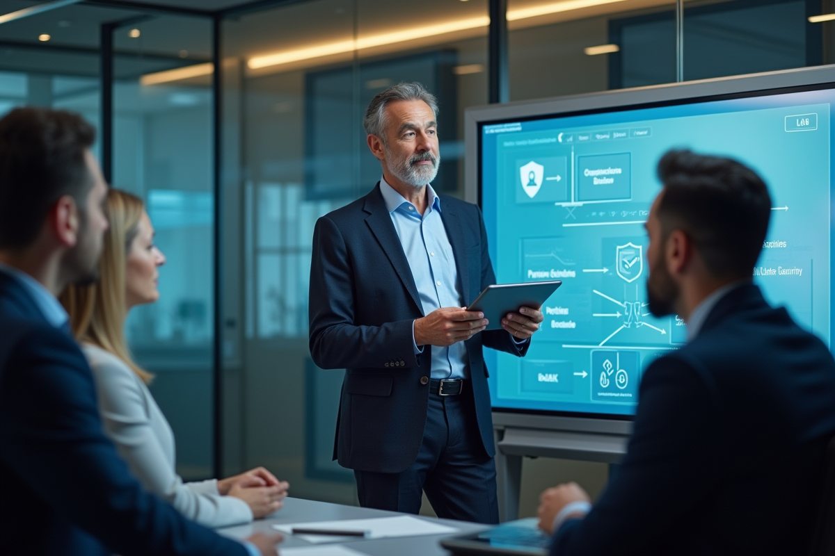 Homme en formation cybersecurite avec diagrammes sur whiteboard