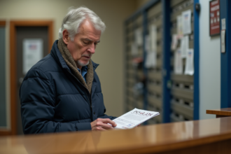 Homme d'âge moyen lisant un dépliant dans un bureau de poste