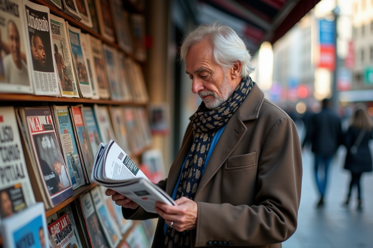 Homme âgé feuilletant un magazine devant un kiosque en ville