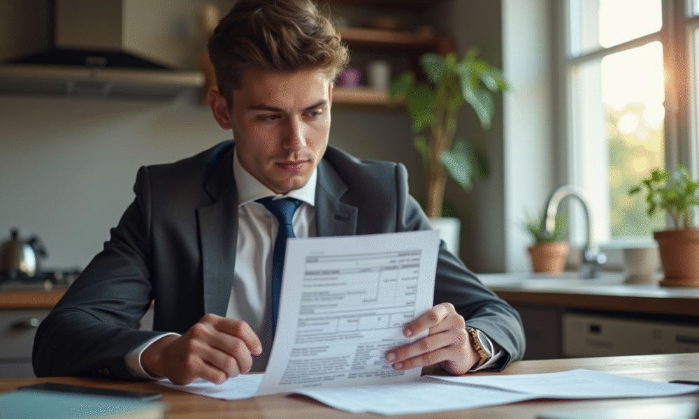 Jeune adulte examine un bulletin de salaire détaillé à la maison
