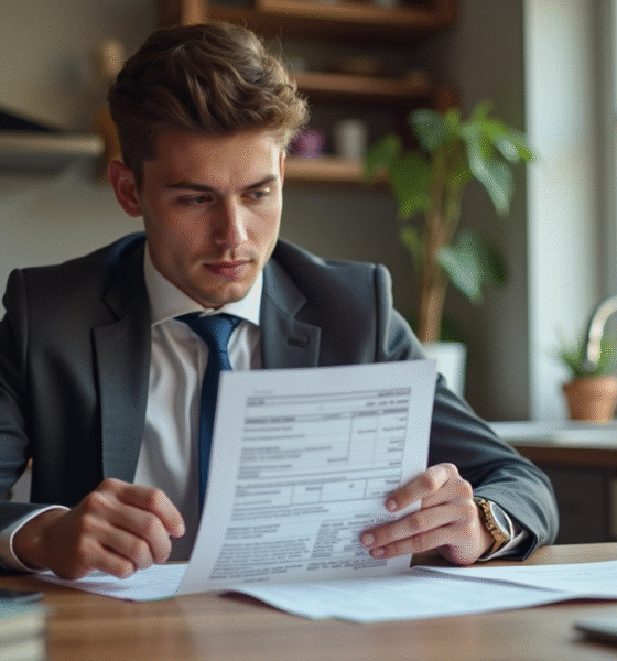 Jeune adulte examine un bulletin de salaire détaillé à la maison