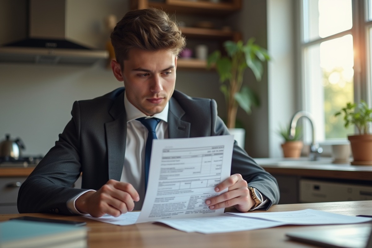 Jeune adulte examine un bulletin de salaire détaillé à la maison