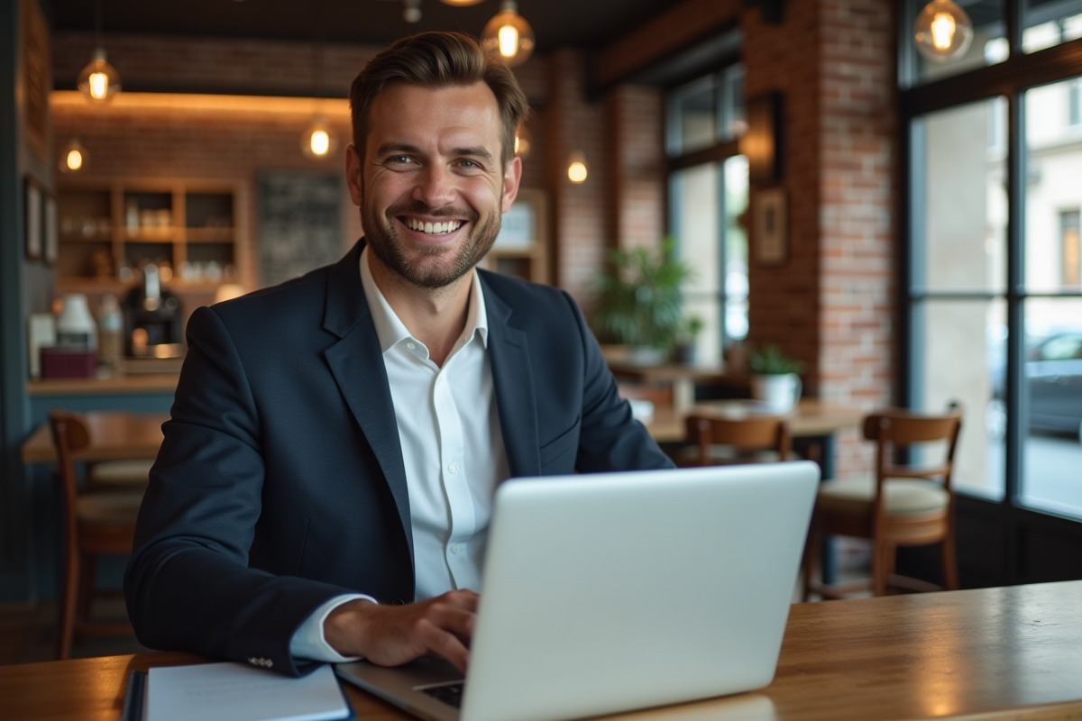 Jeune consultant discutant dans un café urbain