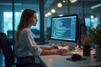 Jeune femme en blouse analyse du code sur un ordinateur