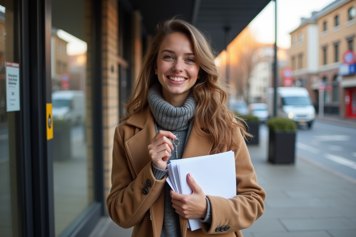 Jeune femme souriante avec clé de boîte postale et courrier dehors