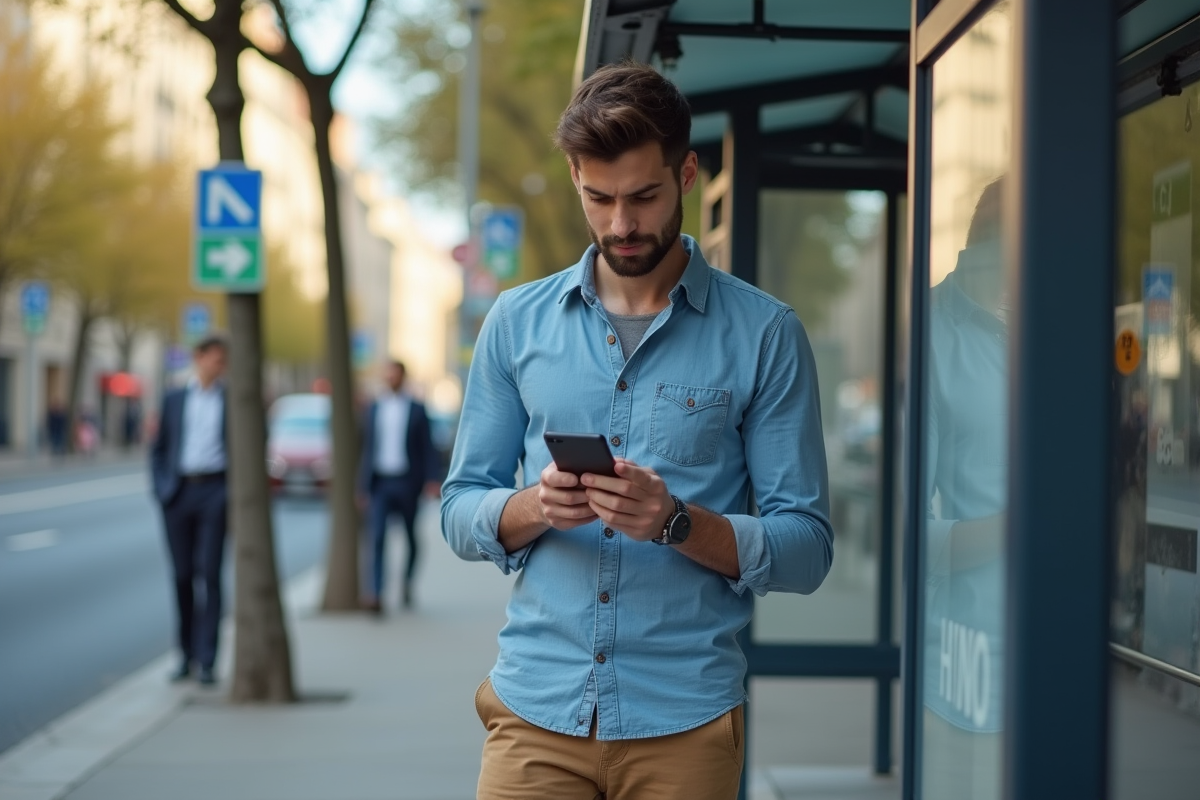 Jeune homme regardant son téléphone à un arrêt de bus urbain