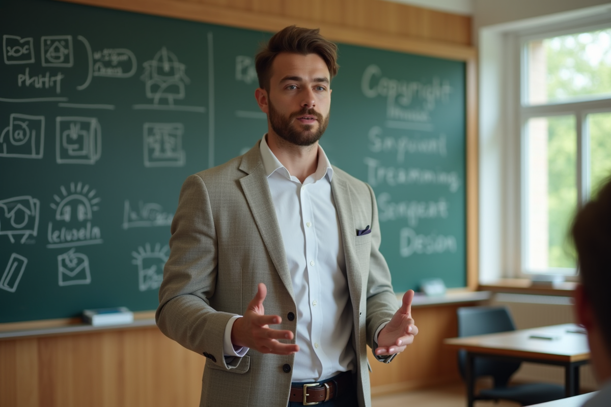 Jeune homme expliquant des diagrammes sur un tableau noir