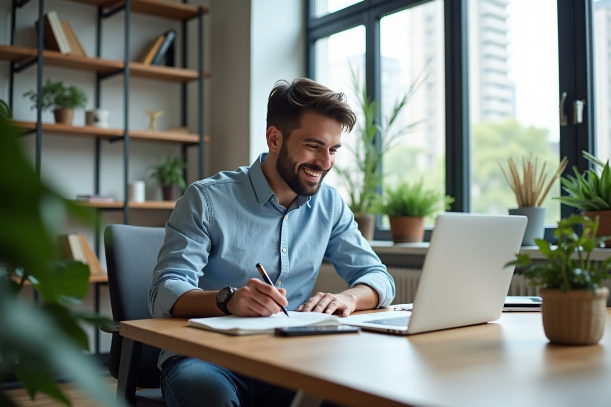 Jeune homme souriant analysant des données sur son ordinateur dans un bureau moderne