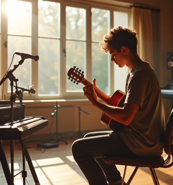 Jeune musicien jouant de la guitare dans un studio lumineux