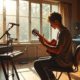 Jeune musicien jouant de la guitare dans un studio lumineux