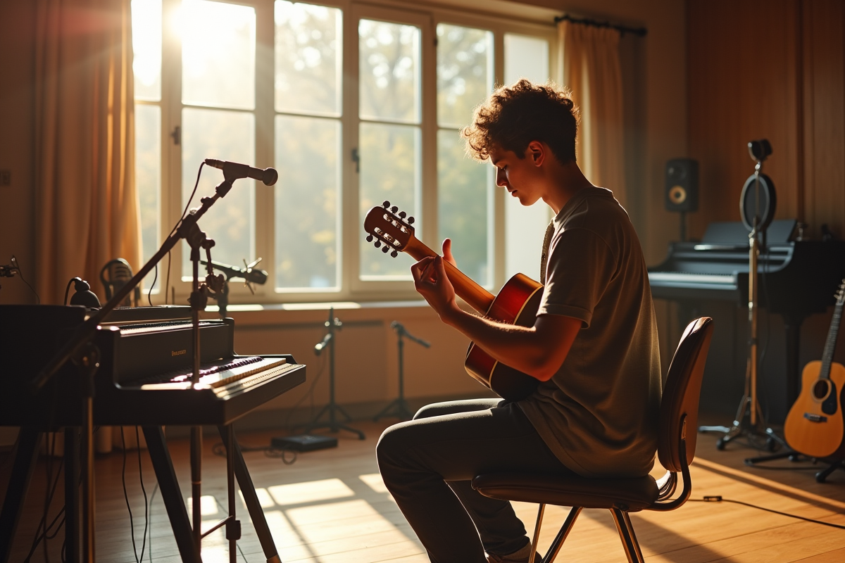Jeune musicien jouant de la guitare dans un studio lumineux