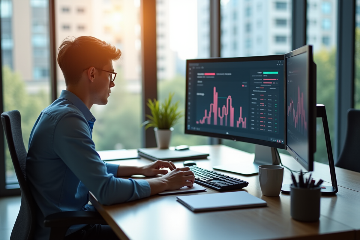 Jeune professionnel testant gadgets au bureau avec graphiques