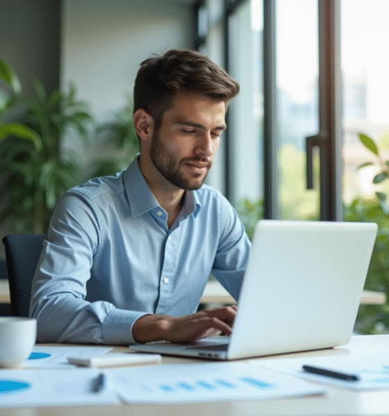 Jeune professionnel au bureau moderne avec ordinateur et graphiques marketing