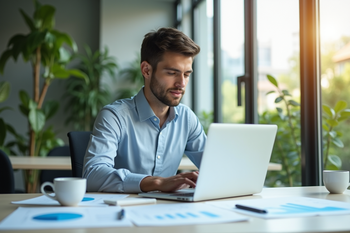Jeune professionnel au bureau moderne avec ordinateur et graphiques marketing