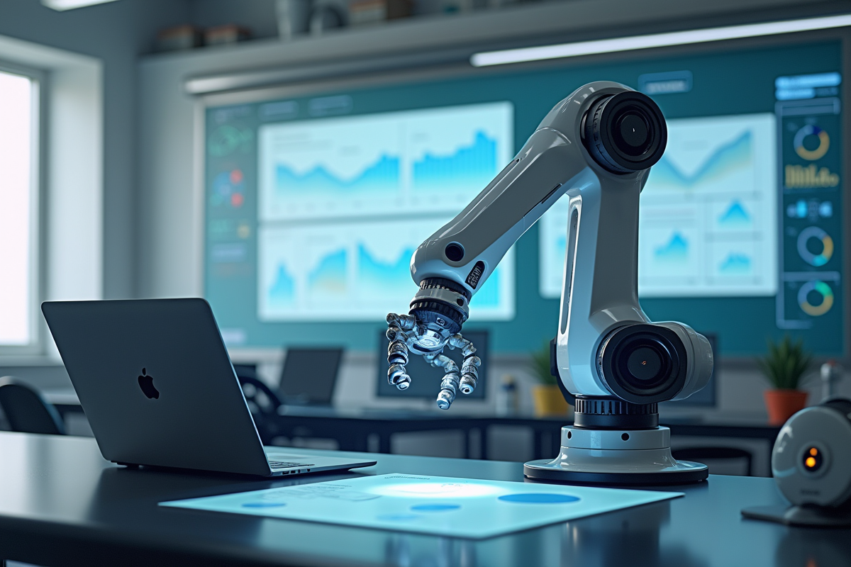 Laboratoire de recherche avec diagrammes et bras robotique