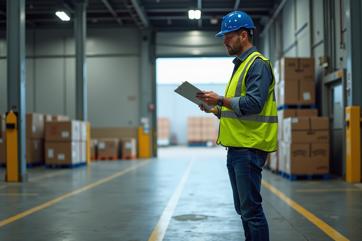 Ouvrier en gilet de sécurité vérifiant un clipboard au quai