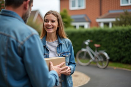 Femme souriante échangeant un colis avec un homme devant une maison