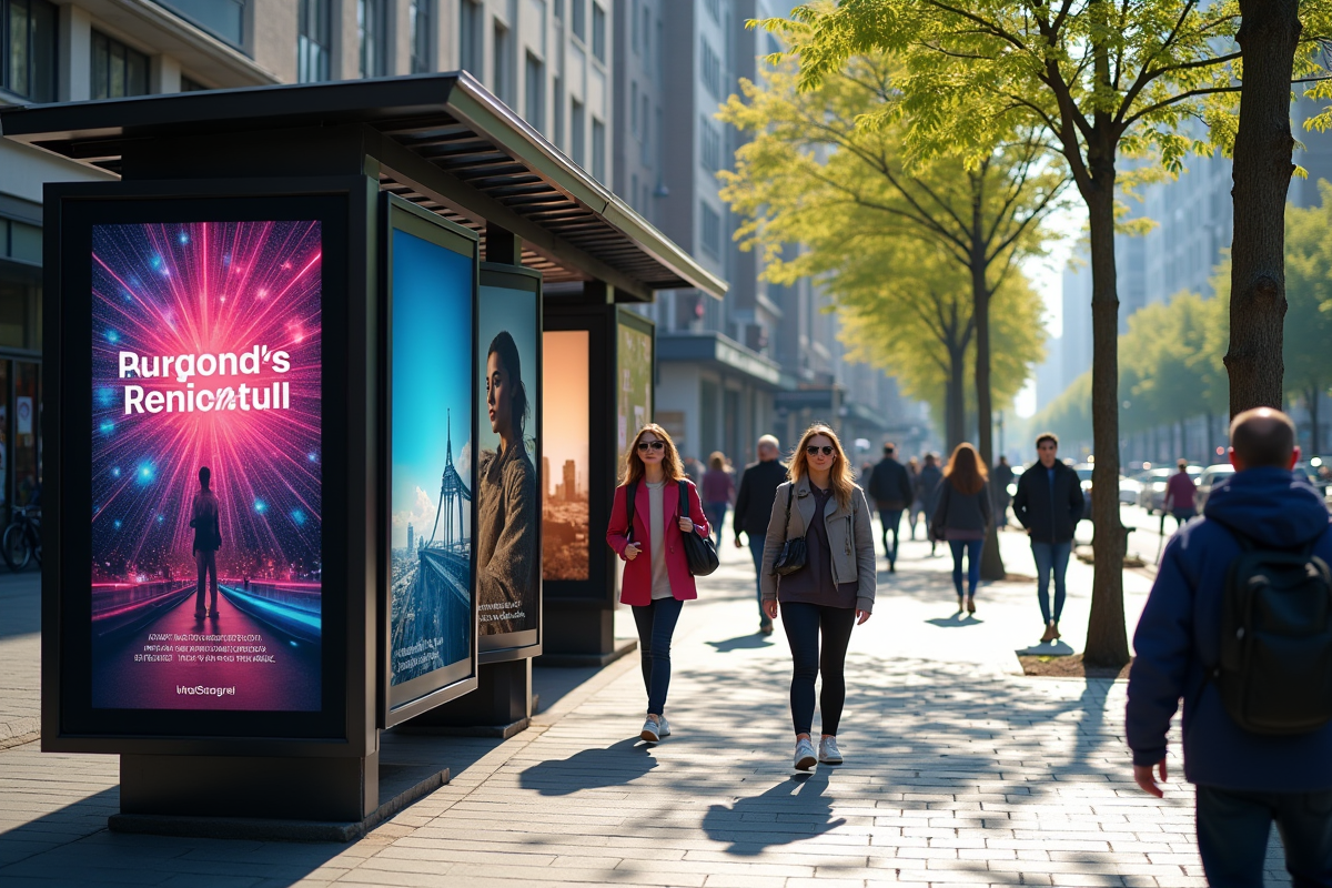 Rue urbaine avec affiches publicitaires colorées en plein jour