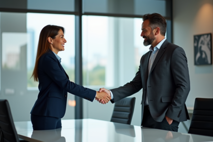 Deux professionnels en réunion d'affaires souriants