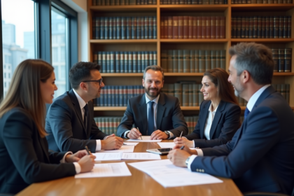 Groupe de professionnels du droit en réunion d'affaires