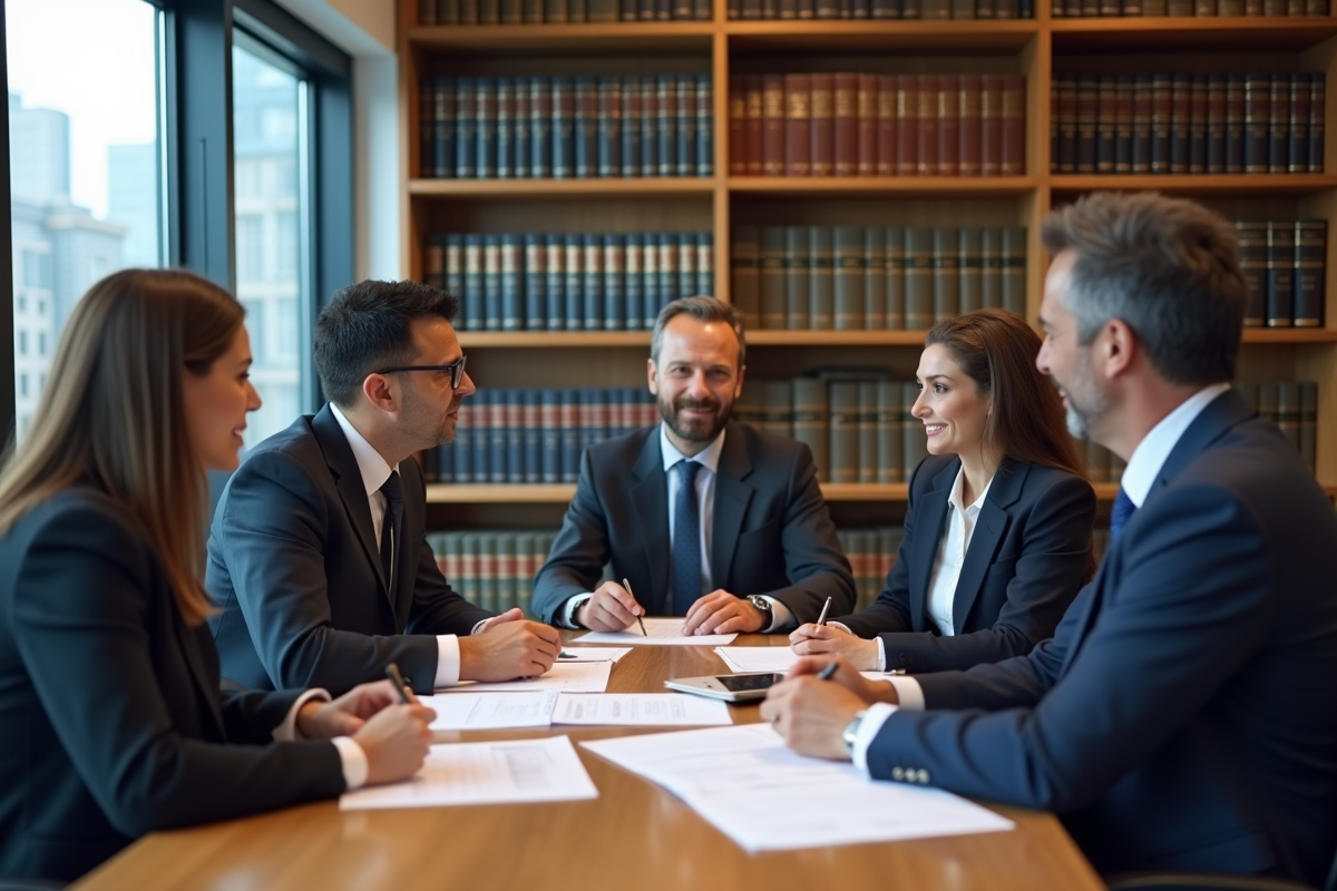 Groupe de professionnels du droit en réunion d'affaires