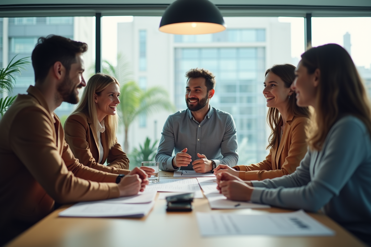 Equipe en réunion avec produits à tester et documents de salaire