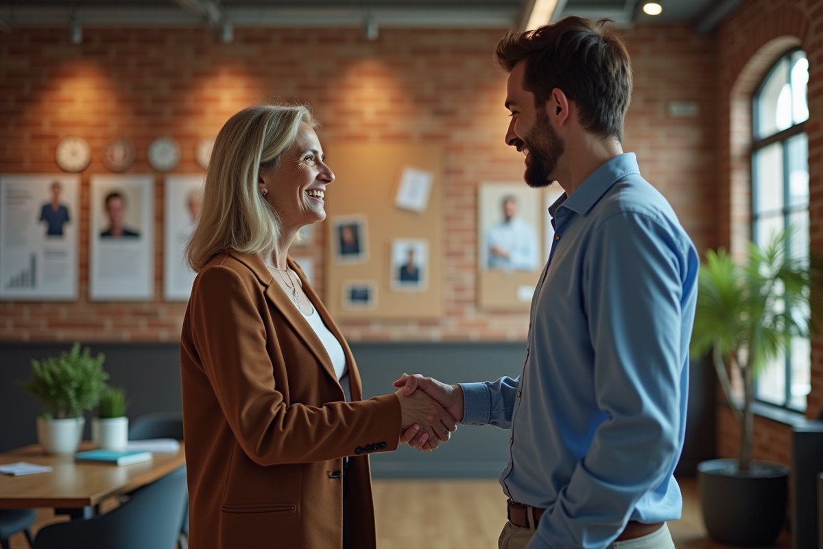 Mentor saluant un jeune collègue dans un espace de travail convivial