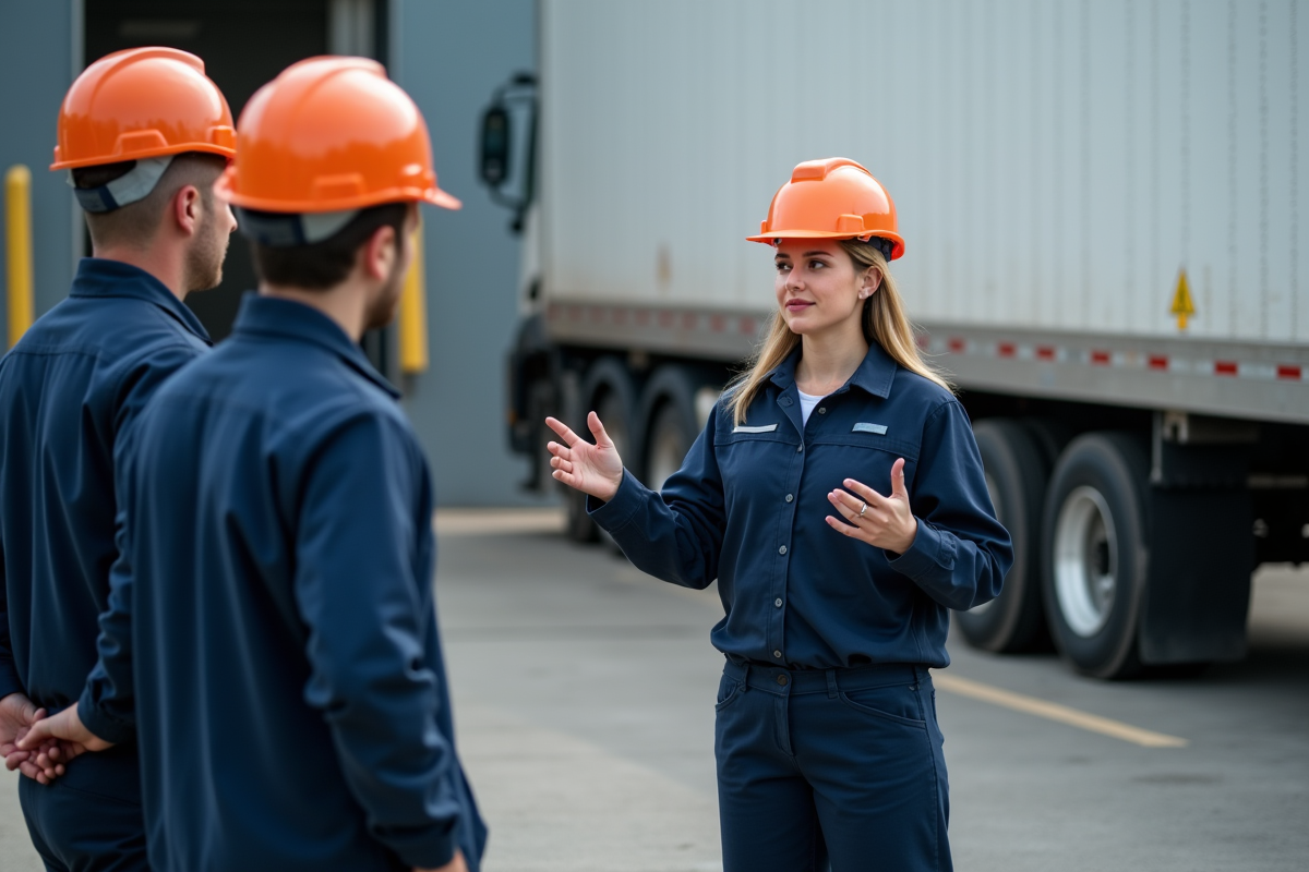 Superviseure en tenue de travail donnant des instructions à des livreurs